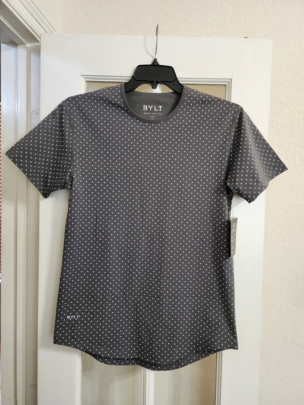 NWT BYLT Drop Cut S/S LUX Polka Dot Tee Women's Small Gray